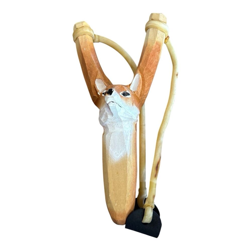 Wood Carved Deer Sling Shot Launcher 8”